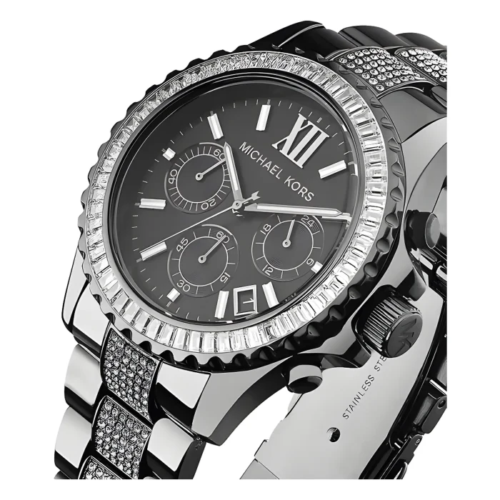 MICHAEL KORS MK5829-2 Close-up of a black Michael Kors watch featuring a studded bezel, three sub-dials, and a sleek stainless steel band.